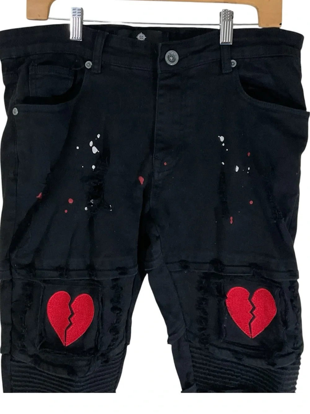 Focus Men’s 34x30 Moto Skinny Jeans Broken Heart Paint Splatter Distressed Black